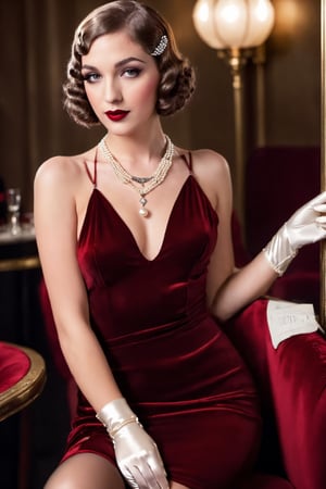 #McBane: 1920s Paris style photo of cute, thin 18 year old, Finger waves, smokey eyes, deep red lips, Satin slip dress, full-length gloves, pearl necklace, Dimly lit jazz club, velvet seats, chandeliers