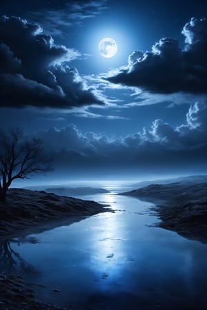 #McBane: A very strange and beautiful painting of a landscape, the sky is an eerie blue, white moonlight, light coming through the clouds in a desolate landscape, 4k, photorealistic, Cinematic lighting, atmosphere, highly detailed, matte drawing with dramatic shadows under the black night sky, high quality, digital concept artwork, 8k 