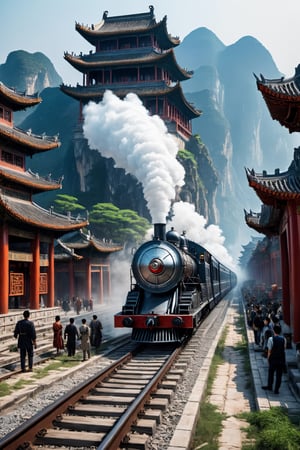 #McBane: A sci-fi train passing through an ancient Chinese city,people standing on railroad tracks, Highly realistic concept art, Steam engine, Highly detailed 4K 