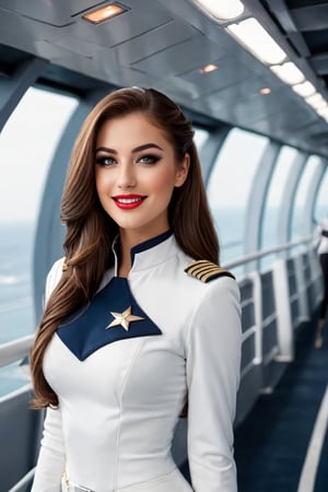 #McBane: a 20 year old sexy space babe, beautiful captain with long luscious brown hair, eyeliner, lipstick, eyeshadow, flirty smile, cute glint in her eye, youthful enthusiasm, on the bridge of the enterprise, wearing a next generation uniform, refined face detail, walking down a starship corridor