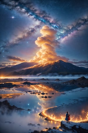 #McBane: masterpiece, best quality, high quality, highres, ultra-detailed, wallpaper, epic landscape, Digital painting of a colorfull) landscape, (fire and ice), earth, water. (A couple seen from behind in the middle holding hands). love, night, galaxy stars, midnight sky full of bright stars, big colorfull ((shooting star)), clouds, mist around the egdes, reflexion on water, Wide angle, oil painting, art