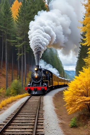 #McBane: a train that is going down the tracks in a forest, on a train track of the yellowed forest, train, steam train, trains in the background, steam trains, railways, yellowed leaves falling from the trees, white steam on the side, ultra realistic 4k, cinematic image
