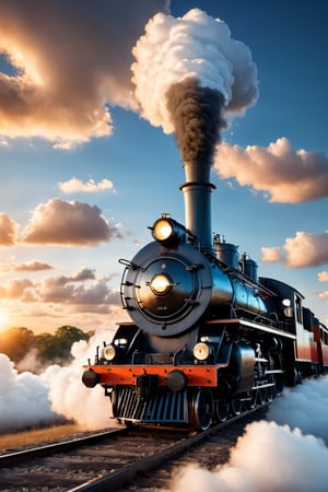 #McBane: Steam locomotive on a background of clouds at sunset, 3d rendering, photorealistic, ultra sharp, dreamy light, comfort light, highlight bloam light, dreamy colors, realistic, detailed, front view