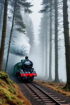#McBane: 8k, RAW photo, best quality, masterpiece, train travelling thru a foggy and creepy forest, close up, frightening, white smoke, flying scotsman
