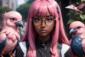 1woman, dark-skinned, long hair, bangs, pink hair, glasses, blunt bangs, cosplay, bird, realistic, reference inset, photo inset