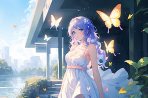 (masterpiece modern, best quality, day:1.4), whole body, long shot, peach skin, mature female, looking at viewer, rainbow hair, wavy long hair, blue eyes, white dress, park background, butterflies, surrounded by butterflies, sunny day, Anitoon, half body potrait, rgbcolor, midjourney,