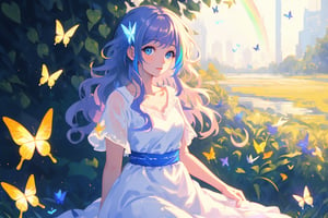 (masterpiece modern, best quality, day:1.4), whole body, long shot, peach skin, mature female, looking at viewer, rainbow hair, wavy long hair, blue eyes, white dress, park background, butterflies, surrounded by butterflies, sunny day, Anitoon, half body potrait, rgbcolor, midjourney,