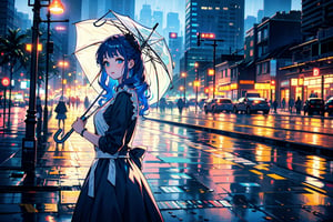 (masterpiece modern, best quality, day:1.4), nighttime, rainy, 1 girl, potrait, whole body, wavy long hair, midnight blue hair, blue eyes, maid dress, smooth white skin, holding an umbrella, black umbrella, city background, midjourney,