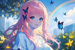 (masterpiece modern, best quality, day:1.4), whole body, long shot, peach skin, mature female, looking at viewer, rainbow hair, wavy long hair, blue eyes, white dress, park background, butterflies, surrounded by butterflies, sunny day, Anitoon, portrait, rgbcolor, midjourney,