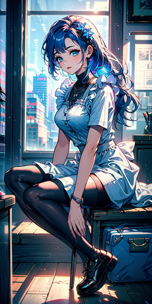 (masterpiece modern, best quality, day:1.4), nighttime, 1 girl, potrait, whole body, wavy long hair, midnight blue hair, blue eyes, maid dress, smooth white skin, holding a sword, fire sword, city background, midjourney,