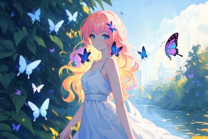 (masterpiece modern, best quality, day:1.4), whole body, long shot, peach skin, mature female, looking at viewer, rainbow hair, wavy long hair, blue eyes, white dress, park background, butterflies, surrounded by butterflies, sunny day, Anitoon, half body potrait, rgbcolor, midjourney,