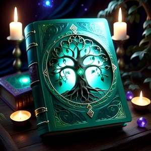 (an ancient ornate intricate CLOSED old tome spell book with the sigil symbol of a TREE_OF_LIFE emblazoned on the cover), magical and mysterious atmosphere, cinematic, realistic, intricate detail,  hyperdetailed_iridescent_silk-thread-like_ornates, finely detailed, small details, extra detail, (LYING ON A WOOD TABLE around with hypeddetailed tarot cards)  photorealistic, high resolution, path tracing, volumetric lighting, octane render, arnold render, 16k artistic photography, photorealistic concept art, soft natural volumetric cinematic perfect light,DonMD34thM4g1cXL,Magical Fantasy style,more detail XL