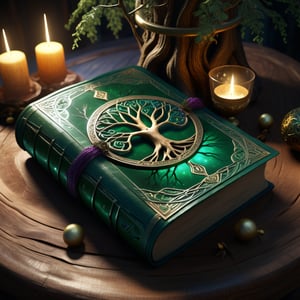 (an ancient ornate intricate CLOSED old tome spell book with the sigil symbol of a TREE_OF_LIFE emblazoned on the cover), magical and mysterious atmosphere, cinematic, realistic, intricate detail,  hyperdetailed_iridescent_silk-thread-like_ornates, finely detailed, small details, extra detail, (LYING ON A WOOD TABLE around with hypeddetailed tarot cards)  photorealistic, high resolution, path tracing, volumetric lighting, octane render, arnold render, 16k artistic photography, photorealistic concept art, soft natural volumetric cinematic perfect light,DonMD34thM4g1cXL,Magical Fantasy style,more detail XL