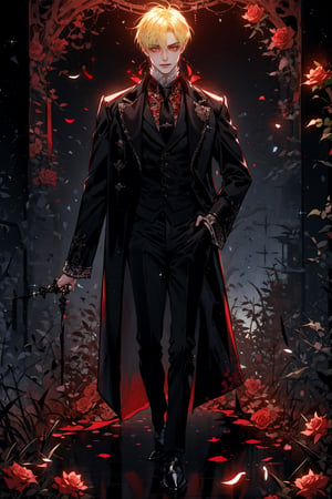 (man, blonde, red eyes, short hair, sharp eyes, levi ackerman hairstyle, blonde hair, male, manly), Black coat, long coat, red shirt, black necktie, black suit, glowing red, glowing eyes, 1boy, fullbody, smirk, victorian, victorian style, victorian clothes, garden, roses, black roses red roses, 