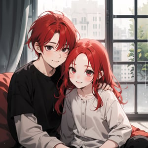 1girl (girl_long_red_hair) sitting near her window holding a little boy(black_hair, light_black_eye, cute_face)  on a rainy day, happy girl, looking at each other,Red hair