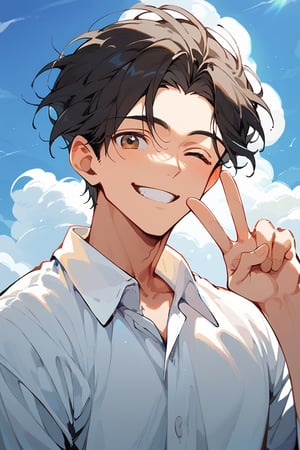 score_9,score_8_up,score_7_up, looking at viewer,smile,short hair,shirt,black hair,1boy,brown eyes,closed mouth,white shirt,upper body,male focus,outdoors,one eye closed,sky,day,collared shirt,cloud,hand up,blue sky,v,cloudy sky,lass,Handsome boy