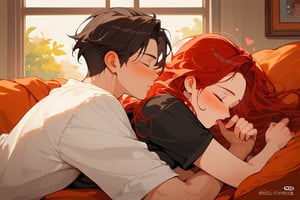 Score_9, Score_8_up, Score_7_up, Score_6_up, Score_5_up, Score_4_up,

red long hair,1girl (red hair),1boy black hair, a very handsome man, boy and girl lying on the orange sofa,black clothes, boy hugs the girl from behind, covered with a brown blanket, girl moaning with pleasure, eyes closed, crepusculo_sky(picture window), boy_kisses_the_girls_neck,lifting his shirt, blushing, sexy, hearts in air, blushing, ciel_phantomhive,jaeggernawt,perfect finger,more detail XL