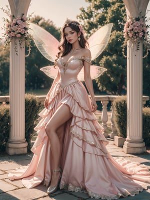 (((Stunningly Beautiful Fairy Princesss))),full body, Story, Beautiful bride posing under a fairy tale arch of exotic magical flowers, elaborate scene style, glitter, peach pink lace, realistic style, 8k,exposure blend, medium shot, bokeh, (hdr:1.4), high contrast, (cinematic, pink and white film), (muted colors, dim colors, soothing tones:1.3), low saturation, (hyperdetailed:1.2), (noir:0.4),  princess dress aurora