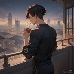 Score_9, Score_8_up, Score_7_up, Score_6_up, Score_5_up, Score_4_up,aa man black hair, sexy guy, standing on the balcony of a building,city, night,looking at the front building, wearing a black shirt, sexy pose,leaning on the railing,drinking a cup of te,
ciel_phantomhive,jaeggernawt,Indoor,frames,high rise apartment,outdoor