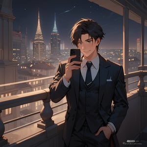 Score_9, Score_8_up, Score_7_up, Score_6_up, Score_5_up, Score_4_up,aa man black hair, sexy guy, standing on the balcony of a building,city, night,looking at the front building, wearing a suit, sexy pose,leaning on the railing,holding a cell phone in his hand and looking at the cell phone, smiling,ciel_phantomhive,jaeggernawt,Indoor,frames,high rise apartment,outdoor