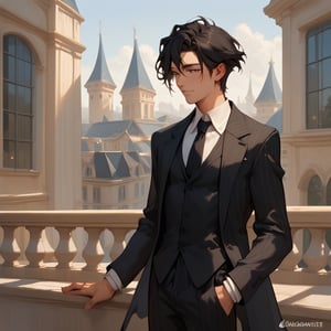 Score_9, Score_8_up, Score_7_up, Score_6_up, Score_5_up, Score_4_up,aa man black hair, sexy guy, standing on the balcony of a building, looking at the front building, wearing a suit, sexy pose, ciel_phantomhive,jaeggernawt