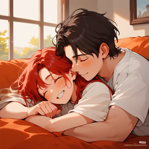 Score_9, Score_8_up, Score_7_up, Score_6_up, Score_5_up, Score_4_up,

Red hair,1girl, girl_red_long_hair, 1boy black hair, a very handsome man, boy and girl lying on the orange couch, boy hugs the girl, covered with a brown blanket, eyes closed, smiling, lifting his shirt, blushing, sexy, blushing, crepusculo_sky(picture window) sunciel_phantomhive,jaeggernawt