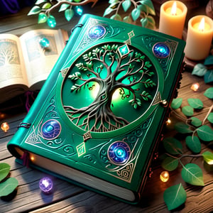 (an ancient ornate intricate CLOSED old tome spell book with the sigil symbol of a TREE_OF_LIFE emblazoned on the cover), magical and mysterious atmosphere, cinematic, realistic, intricate detail,  hyperdetailed_iridescent_silk-thread-like_ornates, finely detailed, small details, extra detail, (LYING ON A WOOD TABLE around with hypeddetailed tarot cards)  photorealistic, high resolution, path tracing, volumetric lighting, octane render, arnold render, 16k artistic photography, photorealistic concept art, soft natural volumetric cinematic perfect light,DonMD34thM4g1cXL,Magical Fantasy style,more detail XL