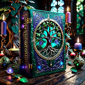 (an ancient ornate intricate CLOSED old tome spell book with the sigil symbol of a TREE_OF_LIFE emblazoned on the cover), magical and mysterious atmosphere, cinematic, realistic, intricate detail,  hyperdetailed_iridescent_silk-thread-like_ornates, finely detailed, small details, extra detail, (LYING ON A WOOD TABLE around with hypeddetailed tarot cards)  photorealistic, high resolution, path tracing, volumetric lighting, octane render, arnold render, 16k artistic photography, photorealistic concept art, soft natural volumetric cinematic perfect light,DonMD34thM4g1cXL,Magical Fantasy style,more detail XL