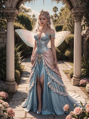 (((Stunningly Beautiful Fairy Princesss))),full body, Story, Beautiful bride posing under a fairy tale arch of exotic magical flowers, elaborate scene style, glitter, peach pink lace, realistic style, 8k,exposure blend, medium shot, bokeh, (hdr:1.4), high contrast, (cinematic, blue and white film), (muted colors, dim colors, soothing tones:1.3), low saturation, (hyperdetailed:1.2), (noir:0.4),  princess dress aurora