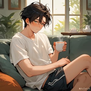 Score_9, Score_8_up, Score_7_up, Score_6_up, Score_5_up, Score_4_up,aa man black hair, in shorts, sitting on a sofa, having a cup of tea , looking at me, lifting his shirt, blushing, sexy blushing,ciel_phantomhive,jaeggernawt