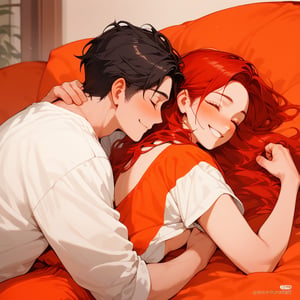 Score_9, Score_8_up, Score_7_up, Score_6_up, Score_5_up, Score_4_up,

red long hair,1girl (red hair),1boy black hair, a very handsome man, boy and girl lying on the orange couch, boy hugs the girl from behind, covered with a brown blanket, eyes closed, smiling, lifting his shirt, blushing, sexy, blushing, ciel_phantomhive,jaeggernawt