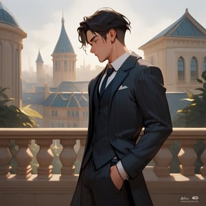 Score_9, Score_8_up, Score_7_up, Score_6_up, Score_5_up, Score_4_up,aa man black hair, sexy guy, standing on the balcony of a building, looking at the front building, wearing a suit, sexy pose, ciel_phantomhive,jaeggernawt