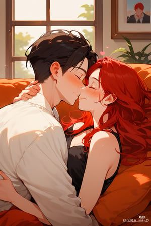 Score_9, Score_8_up, Score_7_up, Score_6_up, Score_5_up, Score_4_up,

red long hair,1girl (red hair),1boy black hair, a very handsome man, boy and girl lying on the orange sofa,black clothes, boy hugs the girl from behind, covered with a brown blanket, eyes closed, smiling, crepusculo_sky(picture window), kissing,lifting his shirt, blushing, sexy, hearts in air, blushing, ciel_phantomhive,jaeggernawt