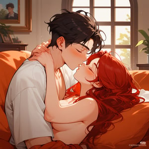 Score_9, Score_8_up, Score_7_up, Score_6_up, Score_5_up, Score_4_up,

Red hair,1girl, girl_red_long_hair, 1boy black hair, a very handsome man, boy and girl lying on the orange couch, boy hugs the girl from the front, covered with a brown blanket, eyes closed, kissing, lifting his shirt, blushing, sexy, blushing, crepusculo_sky(picture window) sunciel_phantomhive,jaeggernawt
