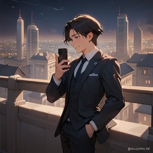 Score_9, Score_8_up, Score_7_up, Score_6_up, Score_5_up, Score_4_up,aa man black hair, sexy guy, standing on the balcony of a building,city, night,looking at the front building, wearing a suit, sexy pose,leaning on the railing,holding a cell phone in his hand and looking at the cell phone, smiling, disheveled clothes,
ciel_phantomhive,jaeggernawt,Indoor,frames,high rise apartment,outdoor