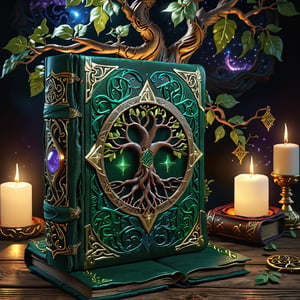 (an ancient ornate intricate CLOSED old tome spell book with the sigil symbol of a TREE_OF_LIFE emblazoned on the cover), magical and mysterious atmosphere, cinematic, realistic, intricate detail,  hyperdetailed_iridescent_silk-thread-like_ornates, finely detailed, small details, extra detail, (LYING ON A WOOD TABLE around with hypeddetailed tarot cards)  photorealistic, high resolution, path tracing, volumetric lighting, octane render, arnold render, 16k artistic photography, photorealistic concept art, soft natural volumetric cinematic perfect light,DonMD34thM4g1cXL,Magical Fantasy style,more detail XL