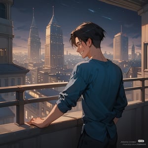 Score_9, Score_8_up, Score_7_up, Score_6_up, Score_5_up, Score_4_up,aa man black hair, sexy guy, standing on the balcony of a building,city, night,looking at the front building, wearing a blue shirt, sexy pose,leaning on the railing,holding a cell phone in his hand and looking at the cell phone, smiling,
ciel_phantomhive,jaeggernawt,Indoor,frames,high rise apartment,outdoor
