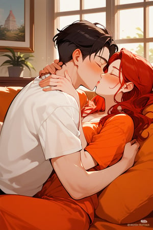Score_9, Score_8_up, Score_7_up, Score_6_up, Score_5_up, Score_4_up,

Red hair,1girl, girl_red_long_hair, 1boy black hair, a very handsome man, boy and girl lying on the orange couch, boy hugs the girl from the front, man taking off his shirt,covered with a brown blanket, eyes closed, kissing, lifting his shirt, blushing, sexy, blushing, crepusculo_sky(picture window) sunciel_phantomhive,jaeggernawt,kiss