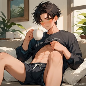 Score_9, Score_8_up, Score_7_up, Score_6_up, Score_5_up, Score_4_up,aa man black hair, in shorts, sitting on a sofa, having a cup of tea , looking at me, lifting his shirt, blushing, sexy blushing,ciel_phantomhive,jaeggernawt