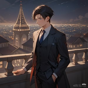 Score_9, Score_8_up, Score_7_up, Score_6_up, Score_5_up, Score_4_up,aa man black hair, sexy guy, standing on the balcony of a building,soul city, night,looking at the front building, wearing a suit, sexy pose,leaning on the railing,ciel_phantomhive,jaeggernawt,Indoor,frames,high rise apartment,outdoor