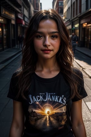 masterpiece, beat quality, woman standing front to the camera with the face of BrendaRock, wearing a black Jack Daniels's t-shirt with finely detailed beautiful golden eyes and detailed face a sexy smile and long_hair.
cinematic lighting, ((bust shot)),
8k uhd, dslr, soft lighting, 
high quality, film grain, Fujifilm XT3, 
extremely detailed CG unity 8k wallpaper,
Golden hour lighting,
shiny skin. Street in a modern city. 