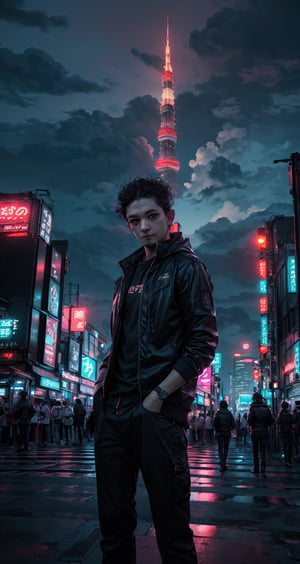 (masterpiece), (ultra detailed), (realistic), (50mm), (prime lens), ((FreddRock)), standing next of building, ((looking_at_viewer)), night city, sky with clouds, neon light, buildings, Tokyo tower, beautiful view, dynamic angle, lofi, EpicSky, ink scenery, 6000, cyberpunk style