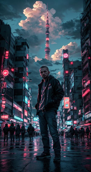 (masterpiece), (ultra detailed), (realistic), (50mm), (prime lens), ((FreddRock)), standing next of building, ((looking_at_viewer)), night city, sky with clouds, neon light, buildings, Tokyo tower, beautiful view, dynamic angle, lofi, EpicSky, ink scenery, 6000, cyberpunk style, ((FreddRock))