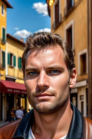 realistic, detailed, best quality, masterpiece, 1man, 40 years old, RAW portrait of CharltonHStar, blue eyes.
In the middle of Italy in a city street, city, centered, facing viewers, day, day time, blue sky, clouds, natural lighting, festive atmosphere, intricate details, detailed background, signs, lights, billboards, 