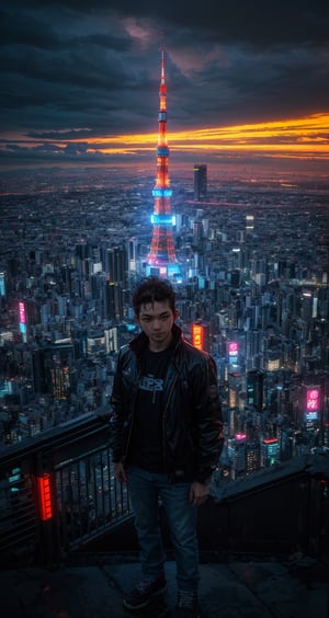 (masterpiece), (ultra detailed), (realistic), (50mm), (prime lens), ((FreddRock)), standing next of building, ((looking_at_viewer)), night city, sky with clouds, neon light, buildings, Tokyo tower, beautiful view, dynamic angle, lofi, EpicSky, ink scenery, 6000, cyberpunk style..