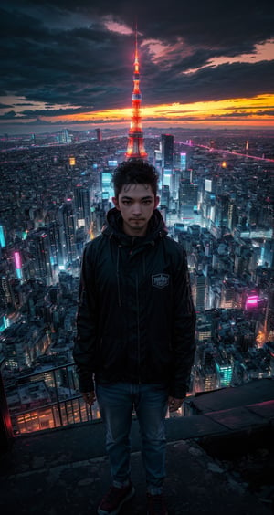 (masterpiece), (ultra detailed), (realistic), (50mm), (prime lens), ((FreddRock)), standing next of building, ((looking_at_viewer)), night city, sky with clouds, neon light, buildings, Tokyo tower, beautiful view, dynamic angle, lofi, EpicSky, ink scenery, 6000, cyberpunk style