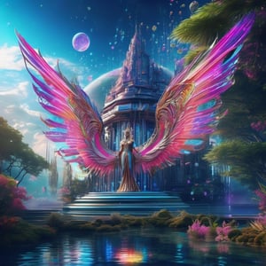 A futuristic goddess with horns and wings flying in the sky (on the background) (best quality), nature with dark multicolor plants and high trees, cosmic atmosphere, (finely detailed), bubbles floating in the atmosphere, extremely detailed CG unity 8k wallpaper, mantra, spiritual glow, ethnic decoration, technology, 8k detailing nature, third eye, trance, ShroomPunkAI, future, utopian, celestial, perfect body, perfect shape, Circle, hyper-detailed, sunny, (masterpiece), dream-like,  (extremely detailed), colorful, perfect form), alchemy, sacred geometry, portrait_futurism, futuristic glasses, technology, photorealistic, futuristic nature, extremely high quality, best quality, bubbles floating (finely detailed), finely detailed, best quality background, futuristic architecture (finely detailed), slightly dark