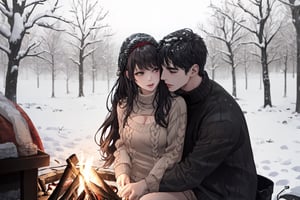 Family of 3,A couple doing couple dance in front the campfire with a children of 7 years playing, camping, winter_clothes, winter, cold, hugging, couple_hugging, romance_mood, romantic_theme, sensual_mood,couple_(romantic), sexy_clothes, snowfall, ,open chest sweater,3DMM, 4k render, high_resolution, beautiful_scenery, cinematics, best_lighting, best_perspective, full_body, full-body_portrait,Indian,Btflindngds,AliceWonderlandWaifu, red long hair, distinction between two bodies, good posture, ,photorealistic