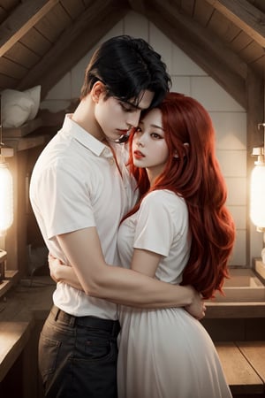 A couple doing couple , 1boy(black hair),1gir(ligth red hair),hugging, couple_hugging, romance_mood, romantic_theme, not corean girl ,home,sensual_mood,couple_(romantic), sexy_clothes, summer, ,open chest shirt,3DMM, 4k render, high_resolution, beautiful_scenery, cinematics, best_lighting, best_perspective, full_body, full-body_portrait,Indian,Btflindngds,AliceWonderlandWaifu,girl red long hair, distinction between two bodies, good posture, ,Enhance