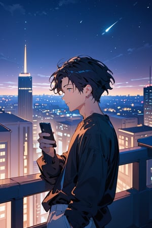 Score_9, Score_8_up, Score_7_up, Score_6_up, Score_5_up, Score_4_up, night, 1boy (black hair), sexy, standing on the balcony of a building,city, modern city, night,looking at the front building, shirt, hetero, brown_hair, night_sky, sky, holding a cell phone in his hand and looking at the cell phone, long_sleeves, cityscape,jaeggernawtcity,2b-Eimi